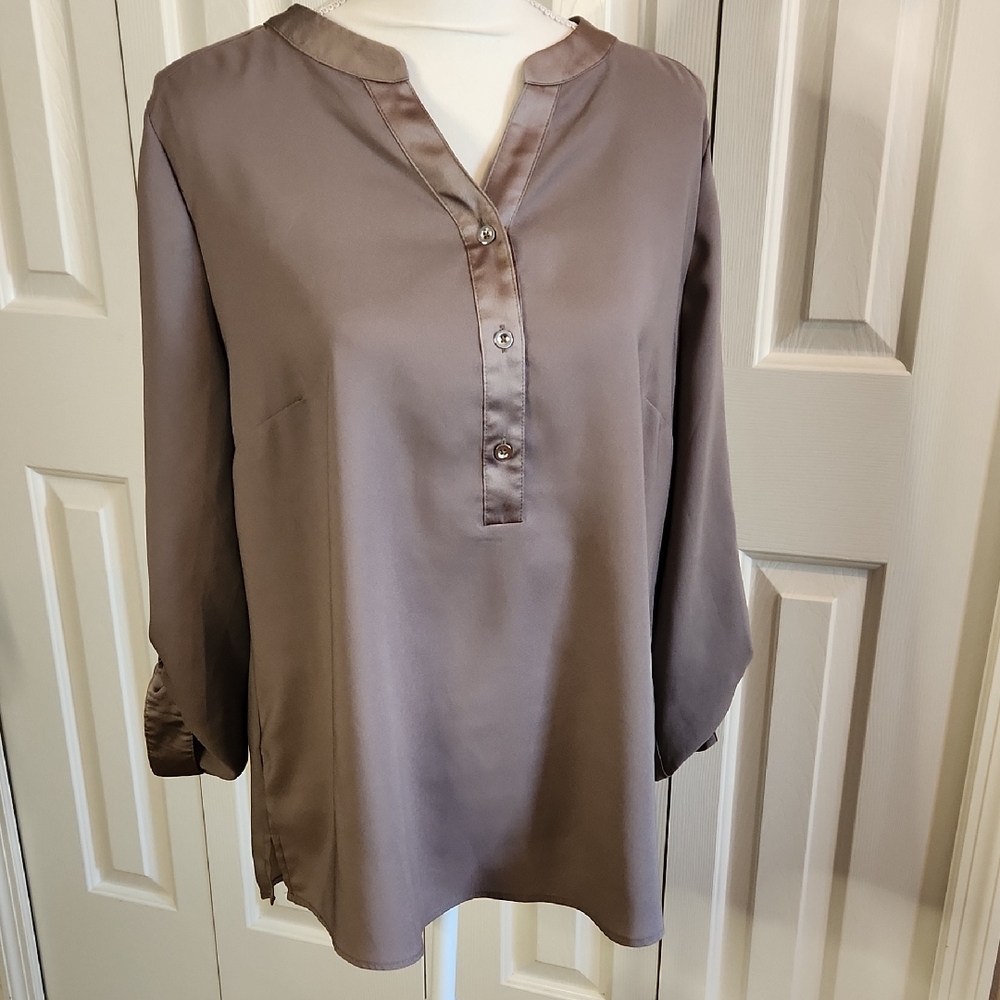Chico's Brown Cuffed Sleeve Blouse with Mandarin Collar